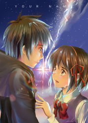 Rule 34 | 1boy, 1girl, black hair, blue eyes, brown eyes, brown hair, comet, commentary request, copyright name, crying, crying with eyes open, diffraction spikes, eye contact, hair ribbon, height difference, hood, hoodie, kimi no na wa., long sleeves, looking at another, miyamizu mitsuha, night, night sky, open mouth, red ribbon, ribbon, school uniform, sky, star (sky), starry sky, tachibana taki, tears, upper body