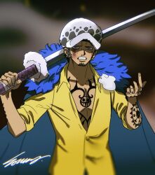 Rule 34 | 1boy, arm tattoo, blue hair, chest tattoo, coat, coat on shoulders, earrings, facial hair, fur-trimmed coat, fur hat, fur trim, hands up, hat, holding, holding sword, holding weapon, injury, jewelry, male focus, one piece, shade, shirt, signature, sleeves rolled up, smoke, solo, souma (soumadian), sword, tattoo, trafalgar law, weapon, yellow shirt