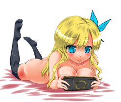 Rule 34 | 10s, 1girl, blonde hair, blue eyes, boku wa tomodachi ga sukunai, breasts, bs-28, butterfly hair ornament, cleavage, hair ornament, handheld game console, kashiwazaki sena, long hair, lying, nude, on stomach, playing games, playstation portable, smile, solo, thighhighs