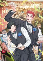 Rule 34 | 168broccoli, 1other, 4boys, black hair, black suit, blonde hair, blush, bow, bowtie, buzz cut, cake, cake slice, confetti, corsage, couple, cowboy shot, english text, eye contact, facial hair, food, food on face, formal, glasses, hair slicked back, highres, holding, holding plate, husband and husband, looking at another, male focus, mito youhei, multiple boys, mustache, ookusu yuuji, out of frame, plate, pompadour, red hair, sakuragi hanamichi, short hair, slam dunk (series), smile, suit, sweatdrop, takamiya nozomi, tearing up, very short hair, waistcoat, wedding, yaoi