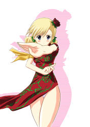 Rule 34 | 1990s (style), 1girl, blonde hair, china dress, chinese clothes, dress, female focus, fighting stance, final fantasy, final fantasy iv, final fantasy iv: the after years, flower, foreshortening, panties, purple eyes, rose, shitan, solo, underwear, ursula leiden