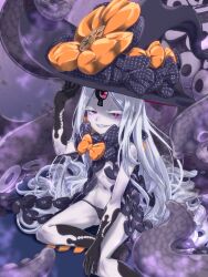 Rule 34 | 1girl, abigail williams (fate), abigail williams (third ascension) (fate), bare shoulders, black bow, black hat, black panties, blush, bow, breasts, colored skin, fate/grand order, fate (series), forehead, grin, hair bow, hat, highres, keyhole, long hair, looking at viewer, mightyjump98, navel, orange bow, panties, parted bangs, polka dot, polka dot bow, red eyes, sharp teeth, small breasts, smile, solo, teeth, tentacles, thighs, third eye, underwear, white hair, white skin, witch hat