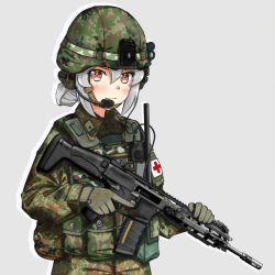 Rule 34 | 1girl, ammunition pouch, assault rifle, blush, bulletproof vest, camouflage, canteen, chin strap, cross, ear protection, muzzle device, gloves, gun, hair bun, headset, helmet, highres, holding, holding gun, holding weapon, howa, howa type 20, insignia, japan ground self-defense force, japan self-defense force, jizi, load bearing equipment, load bearing vest, looking at viewer, magazine (weapon), medic, microphone, military, military rank insignia, military uniform, orange eyes, original, patch, pouch, push-to-talk adapter, push-to-talk device, radio, radio antenna, red cross, rifle, simple background, single hair bun, smile, soldier, trigger discipline, uniform, weapon, white hair, window magazine, woodland camouflage
