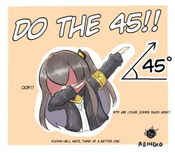 Rule 34 | 1girl, abineko, angle, armband, artist name, character name, covered face, dab (dance), english text, girls&#039; frontline, grey hair, hood, hooded jacket, jacket, meme, name connection, profanity, side ponytail, simple background, solo, ump45 (girls&#039; frontline)
