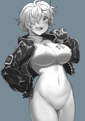 Rule 34 | 1girl, absurdres, adjusting clothes, antennae, artist request, black gloves, black jacket, bodysuit, breasts, cameltoe, covered navel, eyelashes, gloves, hair over one eye, hand on own hip, unworn headwear, helmet, highres, holding, holding helmet, jacket, large breasts, legs, looking at viewer, navel, one piece, open clothes, open jacket, open mouth, shiny clothes, short hair, simple background, smile, solo, thick thighs, thighs, vegapunk lilith, wide hips