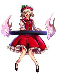 Rule 34 | 1girl, ahoge, baba (baba seimaijo), brown hair, closed eyes, full body, hat, highres, instrument, juliet sleeves, keyboard (instrument), long sleeves, lyrica prismriver, music, open mouth, parody, playing instrument, puffy sleeves, shirt, singing, skirt, skirt set, smile, solo, style parody, sweat, tachi-e, touhou, transparent background, vest