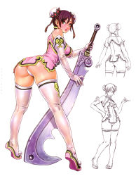 Rule 34 | 1girl, absurdres, ass, bent over, brown hair, bun cover, character sheet, china dress, chinese clothes, curvy, dao (weapon), double bun, dress, elbow gloves, gloves, green eyes, hair bun, hand on own hip, highres, hip focus, huge weapon, looking back, monochrome, non-non, panties, pantyshot, pointing, purple hair, short dress, short hair, smile, solo, sword, thighhighs, underwear, weapon, white panties, white thighhighs, wide hips, wild flower, yamashita shun&#039;ya