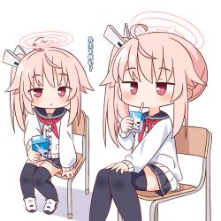 Rule 34 | 2girls, ahoge, black sailor collar, black skirt, black thighhighs, blue archive, blush, buttons, cardigan, chair, drinking, drinking straw, drinking straw in mouth, dual persona, halo, hana kazari, highres, long hair, long sleeves, md5 mismatch, multiple girls, natsu (blue archive), neckerchief, parted lips, pink hair, pink halo, pleated skirt, red eyes, red neckerchief, sailor collar, school chair, shoes, side ponytail, simple background, sitting, skirt, thighhighs, translation request, white background, white cardigan, white footwear