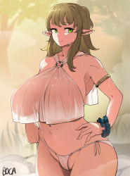 Rule 34 | 1girl, boca, breasts, brown hair, cameltoe, elf, green eyes, hands on own hips, highres, huge breasts, long hair, looking at viewer, mole, mole on ear, mole on stomach, navel, original, pointy ears, smile, solo