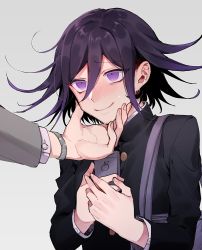 Rule 34 | 1boy, 1other, ahoge, black hair, black jacket, blush, closed mouth, danganronpa (series), danganronpa v3: killing harmony, gradient background, grey background, hair between eyes, hand on another&#039;s chin, hand on another&#039;s face, hands up, highres, holding, holding phone, jacket, jewelry, long sleeves, looking at viewer, male focus, messy hair, nanin, oma kokichi, out of frame, phone, purple eyes, purple hair, shirt, short hair, simple background, smile, solo focus, sweat, upper body, watch, wristwatch