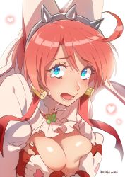 Rule 34 | 1girl, animal ears, blue eyes, blush, breasts, cleavage, covering privates, covering breasts, deep skin, earrings, elphelt valentine, gloves, guilty gear, guilty gear xrd, hands on breasts, headwear request, heart, ikezaki misa, jewelry, large breasts, open mouth, rabbit ears, red hair, short hair, simple background, sweatdrop, tears, teeth, tongue, white background
