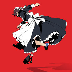 Rule 34 | 1girl, apron, black dress, blue footwear, bonnet, brown hair, commentary, dress, english commentary, frilled apron, frilled bonnet, frilled dress, frills, hat, long sleeves, maid apron, mob cap, original, red background, shadow, shoes, simple background, skateboard, skateboarding, sneakers, solo, suzushiro (suzushiro333), white apron