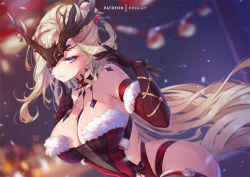 Rule 34 | 1girl, arched back, bare shoulders, bell, black gloves, blonde hair, blurry, blurry background, breasts, choker, christmas, commentary, floating hair, fur trim, genshin impact, gloves, hair ornament, half-closed eyes, hands up, holly hair ornament, jingle bell, large breasts, long hair, looking at viewer, mask, mitsu (mitsu art), navel, neck bell, parted lips, patreon username, seductive smile, see-through, signora (genshin impact), skindentation, smile, snowing, solo