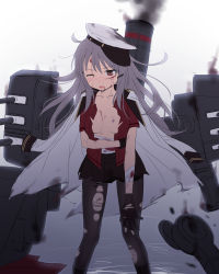 Rule 34 | 10s, 1girl, bad id, bad pixiv id, bandaged arm, bandages, black pantyhose, blood, blood on face, blouse, cnm, damaged, female focus, gangut (kancolle), gloves, grey hair, hat, highres, injury, kantai collection, long hair, looking at viewer, miniskirt, one eye closed, open clothes, open mouth, open shirt, pantyhose, peaked cap, red eyes, red shirt, shirt, skirt, solo, torn clothes, torn gloves, torn pantyhose, torn skirt