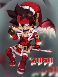 Rule 34 | 1boy, belt buckle, blurry, blurry background, brown hair, buckle, candy, candy cane, chibi, christmas, covered abs, demon wings, fingerless gloves, food, full body, gloves, guilty gear, hat, headgear, male focus, muscular, na insoo, open clothes, pectorals, pelvic curtain, santa costume, santa hat, shiny skin, simple background, sol badguy, solo, spiked hair, tight clothes, v, wings, yellow eyes