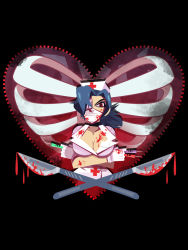 Rule 34 | 1girl, blood, blood stain, blue hair, breasts, cleavage, crossed arms, dual wielding, eyepatch, gloves, hair over one eye, hat, holding, large breasts, megan ann boyd, mouth mask, nurse, nurse cap, ponytail, red eyes, ribs, scalpel, skullgirls, solo, surgical mask, syringe, valentine (skullgirls), white gloves