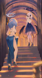 Rule 34 | 2girls, absurdres, ako (blue archive), ako (dress) (blue archive), backless dress, backless outfit, bare back, bare shoulders, black bow, black footwear, black horns, black wings, blue archive, blue hair, bow, breasts, commentary, dark halo, demon horns, demon wings, dress, drop earrings, earrings, elbow gloves, evening gown, extra horns, frilled dress, frills, from behind, full body, gloves, hair bow, halo, high heels, highres, hina (blue archive), hina (dress) (blue archive), horns, jewelry, kerno, long hair, low wings, medium hair, multiple girls, necklace, official alternate costume, official alternate hairstyle, pearl necklace, pendant, pointing, ponytail, purple dress, purple gloves, purple halo, purple wings, sidelocks, sleeveless, sleeveless dress, stairs, strapless, strapless dress, thighs, white hair, wings