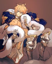Rule 34 | 1boy, armor, armored boots, bad id, bad twitter id, blonde hair, blue eyes, boots, dog, feather boa, granblue fantasy, itefu, labrador retriever, male focus, parted lips, romeo (granblue fantasy), sitting, smile, solo