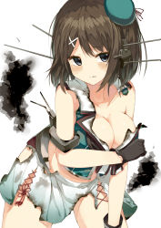 Rule 34 | 10s, 1girl, bad id, bad pixiv id, beret, black eyes, blush, breasts, brown hair, burnt clothes, cleavage, female focus, gloves, hat, kantai collection, large breasts, maya (kancolle), maya kai ni (kancolle), miniskirt, short hair, skirt, solo, yuui hutabakirage