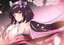 Rule 34 | 1girl, absurdres, black hair, chaldea uniform, cherry blossoms, cloak, fate/grand order, fate (series), hairband, hand on own chest, highres, hood, japanese clothes, kimono, looking at viewer, low twintails, origami aya, osakabehime (fate), pink cloak, pink eyes, pink scarf, scarf, smile, solo, string, stylus, twintails