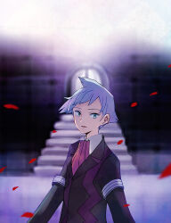 Rule 34 | 1boy, blue eyes, blue hair, creatures (company), game freak, looking at viewer, male focus, nintendo, open mouth, petals, pokemon, pokemon rse, popcorn 91, smile, solo, stairs, steven stone