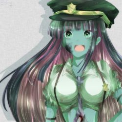 Rule 34 | 10s, 1girl, blood, breasts, female focus, green eyes, hat, large breasts, long hair, multicolored hair, open mouth, panty &amp; stocking with garterbelt, pink hair, police, police uniform, purple hair, solo, stocking (psg), torn clothes, uniform, very long hair, zombie