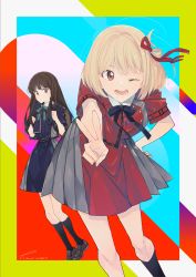 Rule 34 | 2girls, ;d, backpack, bag, black dress, black hair, black socks, blonde hair, brown footwear, closed mouth, commentary request, dated, dress, eyebrows hidden by hair, grey dress, hami (lvct), hand on own hip, hands up, highres, holding strap, inoue takina, leaning forward, loafers, long hair, looking at viewer, lycoris recoil, multiple girls, nishikigi chisato, one eye closed, open mouth, outstretched arm, pleated dress, purple eyes, red dress, red eyes, shoes, short sleeves, signature, smile, socks, v, very long hair