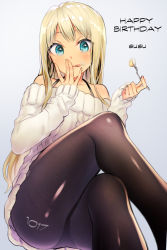 Rule 34 | 1girl, :p, alessandra susu, aqua eyes, asagi yuna, bad id, bad pixiv id, bare shoulders, black pantyhose, blonde hair, character name, covering own mouth, crossed legs, eating, food, food on face, fork, happy birthday, highres, holding, holding fork, licking, long hair, long sleeves, looking at viewer, off-shoulder, off-shoulder sweater, off shoulder, panties, panties under pantyhose, pantyhose, sitting, solo, sweater, thighband pantyhose, tokyo 7th sisters, tongue, tongue out, underwear, white sweater