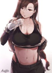 Rule 34 | 1girl, black hair, black skirt, bottle, breasts, breathing, brown eyes, brown hair, cleavage, collarbone, earrings, elbow gloves, final fantasy, final fantasy vii, fingerless gloves, gloves, highres, hiroki ree, holding, holding bottle, jewelry, large breasts, long hair, low-tied long hair, midriff, navel, open mouth, pencil skirt, pouring, red eyes, signature, simple background, skirt, solo, square enix, suspender skirt, suspenders, tank top, tifa lockhart, wet, white background