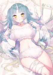 Rule 34 | 1girl, absurdres, angel, angel wings, bare shoulders, blush, breasts, chiyomaru (yumichiyo0606), choker, collarbone, feathered wings, frilled pillow, frills, hands up, highres, horns, leg ribbon, long hair, looking at viewer, lying, on back, original, panties, parted lips, pillow, ribbon, single horn, solo, striped, thigh ribbon, thigh strap, underwear, vertical stripes, very long hair, white panties, white wings, wings, wrist cuffs, yellow eyes
