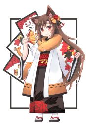 Rule 34 | 1girl, absurdres, alternate costume, animal ears, blush, boar, brown hair, bug, butterfly, closed mouth, commentary request, deer, floral print, flower, folding fan, full body, fur collar, hair flower, hair ornament, hanafuda, hand fan, haori, highres, holding, holding fan, imaizumi kagerou, insect, japanese clothes, kibisake, kimono, leaf, leaf print, long hair, long sleeves, looking at viewer, maple leaf, obi, pinching sleeves, red eyes, sandals, sash, slit pupils, smile, solo, standing, tabi, touhou, very long hair, wide sleeves, wolf ears, zouri