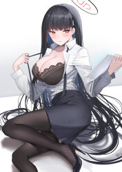 Rule 34 | 1girl, alternate costume, black bra, black footwear, black hair, black skirt, black thighhighs, blue archive, blush, bra, breasts, cleavage, closed mouth, commentary request, halo, highres, holding, large breasts, long hair, long sleeves, looking at viewer, lying, office lady, on side, pantyhose, red eyes, rio (blue archive), shirt, shirt tucked in, shougun (chuckni1), skirt, solo, thighhighs, thighs, underwear, white shirt
