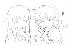 Rule 34 | 2boys, ?, animal ears, arm up, bear ears, blunt bangs, canute, cat ears, chibi, closed mouth, fur trim, highres, light smile, long hair, looking at another, male focus, messy hair, monochrome, multiple boys, open mouth, prince, sharp teeth, simple background, sketch, speech bubble, teeth, thorfinn, viking, vinland saga, yuxi gyuan