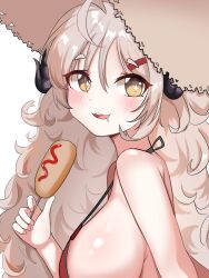 Rule 34 | 1girl, absurdres, bare arms, bare shoulders, bikini, black horns, blue archive, breasts, brown hair, corn dog, demon horns, food, highres, holding, holding food, horns, hot dog, izumi (blue archive), izumi (swimsuit) (blue archive), large breasts, long hair, official alternate costume, red bikini, sideboob, simple background, solo, swimsuit, white background, yellow eyes, yhs040626