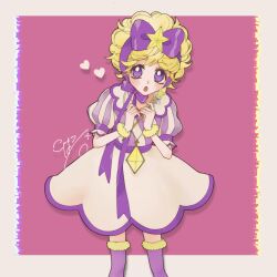 1girl blonde_hair bow commentary_request diamond_(shape) dress hair_bow highres holding holding_wand jewelry kohane_suzukasa looking_at_viewer open_mouth pendant pink_background puffy_short_sleeves puffy_sleeves purple_eyes short_hair short_sleeves solo sugar_sugar_rune vanilla_mieux wand