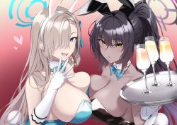 Rule 34 | 2girls, animal ears, asuna (blue archive), asuna (bunny) (blue archive), bare shoulders, black hair, black leotard, blue archive, blue eyes, blue leotard, blush, bow, bowtie, breast press, breasts, champagne flute, cleavage, cup, dark-skinned female, dark skin, detached collar, drinking glass, elbow gloves, fake animal ears, female focus, gloves, hair over one eye, halo, highres, holding, holding tray, karin (blue archive), karin (bunny) (blue archive), large breasts, leotard, light brown hair, long hair, looking at viewer, mku, mole, mole on breast, multiple girls, open mouth, playboy bunny, ponytail, rabbit ears, sidelocks, smile, symmetrical docking, traditional bowtie, tray, white gloves, yellow eyes