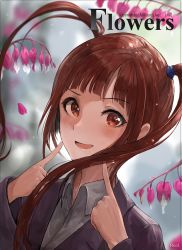 Rule 34 | 1girl, artist name, bad id, bad pixiv id, blush, brown eyes, brown hair, chan1moon, commentary request, face, grey jacket, highres, idolmaster, idolmaster million live!, idolmaster million live! theater days, jacket, long hair, looking at viewer, matsuda arisa, open mouth, pointing, pointing at self, shirt, smile, twintails, white shirt