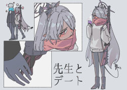 Rule 34 | 1boy, 1girl, absurdres, alternate costume, black gloves, black jacket, black pants, black pantyhose, black ribbon, blank speech bubble, blue archive, blue scarf, blush, boots, closed eyes, collage, dark-skinned female, dark skin, dating, demon tail, flower (symbol), gloves, grey background, grey gloves, grey hair, gun, hair over one eye, hair ribbon, halo, happy, happy aura, high heel boots, high heels, highres, holding, holding phone, holding strap, imminent hand holding, iori (blue archive), jacket, long pointy ears, long sleeves, multiple views, one eye covered, pants, pantyhose, phone, pointy ears, red eyes, red scarf, ribbon, rifle, scarf, sensei (blue archive), shoulder strap, simple background, sleeves past wrists, speech bubble, standing, sweater, tail, twintails, w wakase, weapon, weapon on back, white sweater, winter clothes
