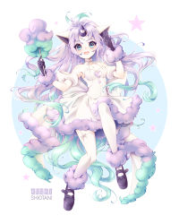 Rule 34 | 1girl, animal ears, artist name, bare shoulders, blue eyes, commentary request, creatures (company), dress, eyelashes, full body, galarian form, galarian ponyta, game freak, gen 8 pokemon, gloves, highres, holding, horns, kishishiotani, looking at viewer, nintendo, open mouth, personification, pokemon, purple hair, shoes, single horn, solo, star (symbol), thighhighs, tongue, white thighhighs