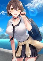 Rule 34 | 1girl, absurdres, azur lane, bag, baltimore (after-school ace) (azur lane), baltimore (azur lane), black skirt, blue sky, braid, breasts, brown hair, buttons, cardigan, cardigan around waist, choker, cleavage, clothes around waist, cloud, collarbone, collared shirt, commentary request, day, french braid, hair between eyes, highres, large breasts, leaning forward, looking at viewer, ocean, open mouth, outdoors, pleated skirt, school bag, school uniform, shirt, short hair, skirt, sky, solo, sunlight, white shirt, yamaha tsui, yellow eyes