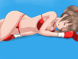 Rule 34 | 1girl, beaten, bikini, boxing, boxing gloves, breasts, brown hair, cleavage, defeat, closed eyes, injury, large breasts, open mouth, original, ponytail, shamanwer, solo, swimsuit, thong, unconscious, underwear