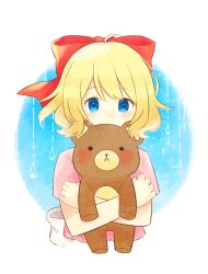 Rule 34 | 0mzum1, 1girl, ahoge, blonde hair, blue background, blue eyes, blush, bow, commentary request, covered mouth, cropped torso, crying, crying with eyes open, dress, hair between eyes, hair bow, hugging object, looking at viewer, mother (game), mother 2, nintendo, paula (mother 2), pink dress, rain, red bow, short hair, short sleeves, sidelocks, simple background, solo, stuffed animal, stuffed toy, tears, teddy bear, upper body, water drop, white background
