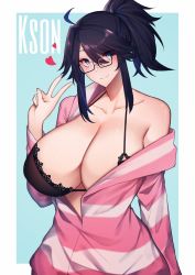 Rule 34 | 1girl, alternate breast size, black bra, blue background, blue eyes, bra, breasts, character name, collarbone, glasses, heart, highres, huge breasts, indie virtual youtuber, kson, long sleeves, looking at viewer, mole, mole under eye, off shoulder, parted lips, ponytail, purple hair, smile, solo, souchou, two-tone background, unbeller, underwear, upper body, v, virtual youtuber, white background