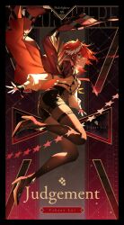 1girl absurdres black_shorts character_name english_text full_body head_wings highres hololive ishihara_(kuniyoshi) judgement_(tarot) shirt shorts solo takane_lui takane_lui_(1st_costume) tarot virtual_youtuber white_shirt wings