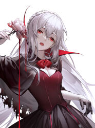 Rule 34 | 1girl, :o, absurdres, alternate costume, arknights, black cape, black gloves, black skirt, blood, braid, breasts, cape, chinese commentary, cleavage, commentary, corset, fangs, flower, gloves, grey hair, half gloves, hand up, highres, holding, holding flower, long hair, medium breasts, pink flower, red corset, red eyes, single glove, skirt, smile, solo, spilling, tongue, torn cape, torn clothes, warfarin (arknights), zhuang yao