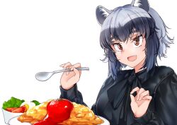 1girl alternate_costume animal_ear_fluff animal_ears black_hair black_shirt blouse bowl brown_eyes commentary common_raccoon_(kemono_friends) fang food grey_hair hands_up holding holding_spoon kemono_friends kinou_no_shika long_sleeves multicolored_hair open_mouth plate raccoon_ears salad salad_bowl shirt short_hair simple_background smile solo spoon symbol-only_commentary tomato tomato_slice upper_body white_background