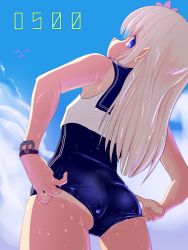 Rule 34 | 10s, 1girl, adjusting clothes, adjusting swimsuit, anchor, ass, blonde hair, blue eyes, blush, cloud, crop top, day, flower, from behind, hair flower, hair ornament, highres, ishikkoro, kantai collection, long hair, looking at viewer, looking back, ro-500 (kancolle), school swimsuit, school uniform, serafuku, sky, solo, swimsuit, swimsuit under clothes, tan, tanline, wet, wet clothes, wristband