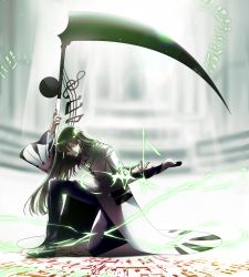 Rule 34 | 1boy, absurdres, bad id, bad pixiv id, black footwear, blood, brown hair, casting spell, fingernails, gem, glint, glowing, glowing eye, green gemstone, green nails, green theme, highres, holding, holding scythe, holding weapon, library of ruina, light particles, light rays, long hair, long sleeves, looking at viewer, magic, magic circle, male focus, mema (color rotation), musical note, nail polish, netzach (project moon), on one knee, parted lips, project moon, scythe, solo, spell, weapon, wide sleeves, yellow eyes