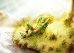Rule 34 | 1boy, anklet, blanka, capcom, chest hair, colored skin, closed eyes, green skin, hairy legs, jewelry, light rays, long hair, lying, male focus, matias soto, matiassoto, mouth hold, muscular, nature, orange hair, riverbank, sharp toenails, shorts, signature, solo, street fighter, sunbeam, sunlight, toenails, topless male