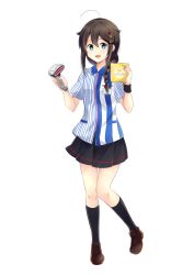Rule 34 | 10s, 1girl, ahoge, alternate costume, barcode scanner, blue eyes, braid, brown hair, full body, hair flaps, hair ornament, hair over shoulder, highres, kantai collection, kneehighs, knees together feet apart, lawson, looking at viewer, open mouth, shigure (kancolle), shigure kai ni (kancolle), single braid, skirt, smile, socks, solo, yukichi (eikichi)